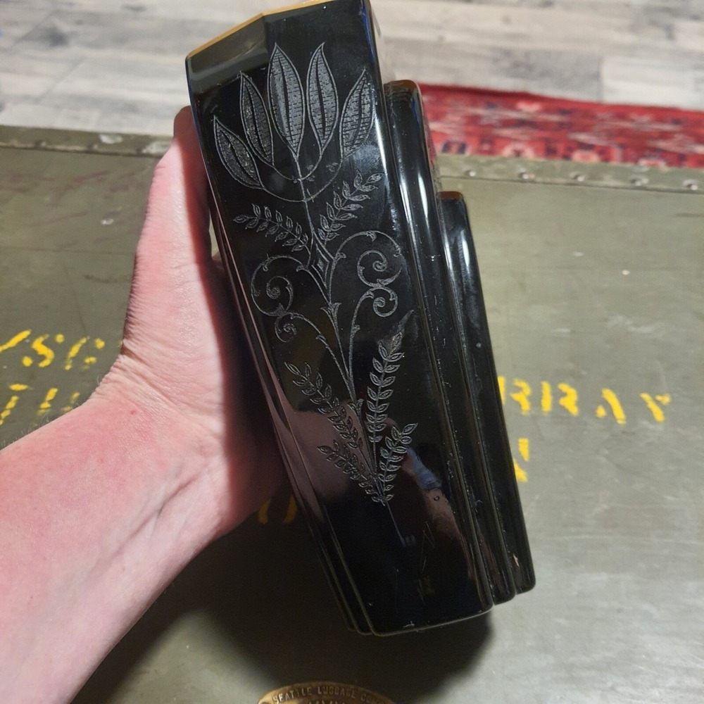 Antique Fostoria Black Ebony Glass Etched Fern Gold Trim Vintage Art Deco Vase - Picture 4 of 12